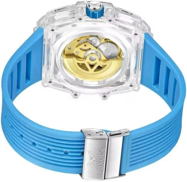 Men Hollow Skeleton Double Flying Wheel Unique Watch Waterproof Silicone Strap Mens Wristwatch Fashion Transparent Case Automatic list unrecognizable Mechanical Watches for 