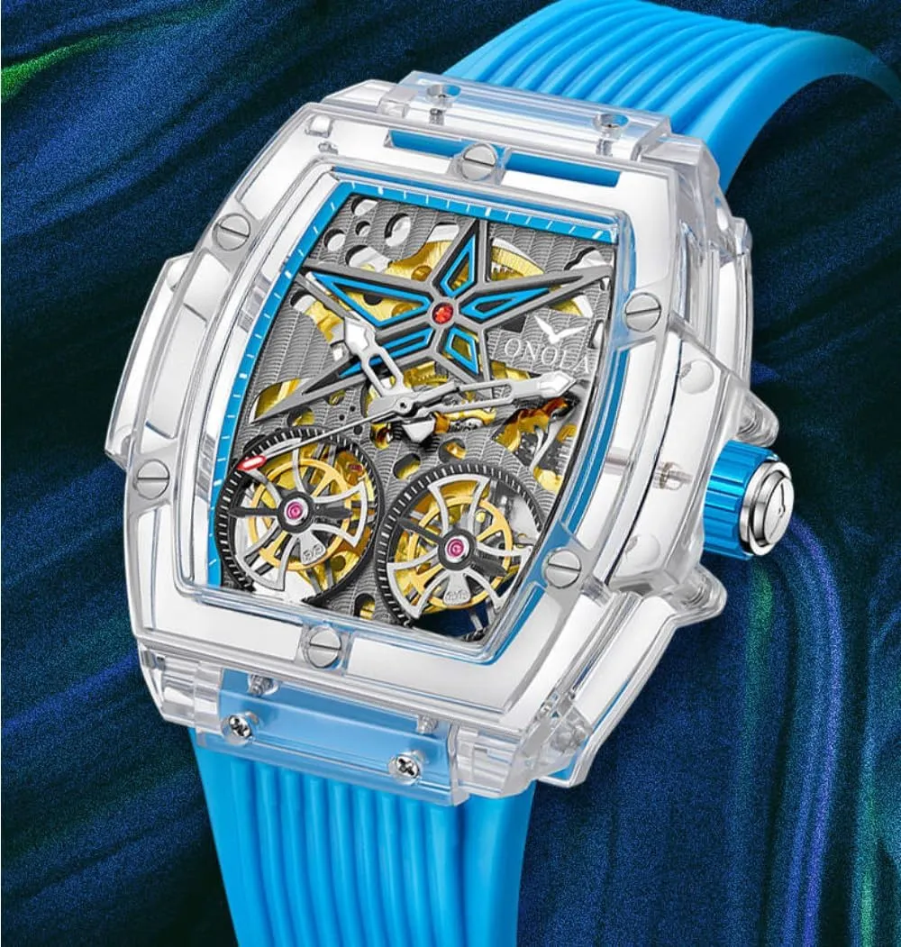 Men Hollow Skeleton Double Flying Wheel Unique Watch Waterproof Silicone Strap Mens Wristwatch Fashion Transparent Case Automatic list unrecognizable Mechanical Watches for 