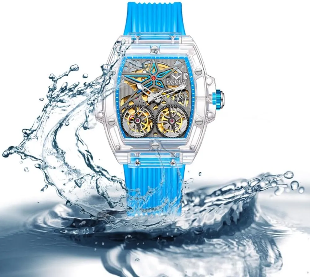 Men Hollow Skeleton Double Flying Wheel Unique Watch Waterproof Silicone Strap Mens Wristwatch Fashion Transparent Case Automatic list unrecognizable Mechanical Watches for 