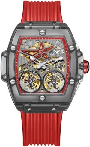Men Hollow Skeleton Double Flying Wheel Unique Watch Waterproof Silicone Strap Mens Wristwatch Fashion Transparent Case Automatic list unrecognizable Mechanical Watches for 