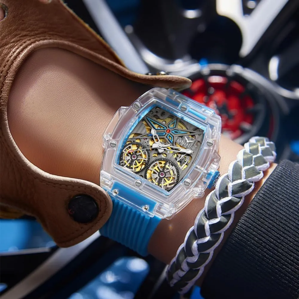 Men Hollow Skeleton Double Flying Wheel Unique Watch Waterproof Silicone Strap Mens Wristwatch Fashion Transparent Case Automatic list unrecognizable Mechanical Watches for 