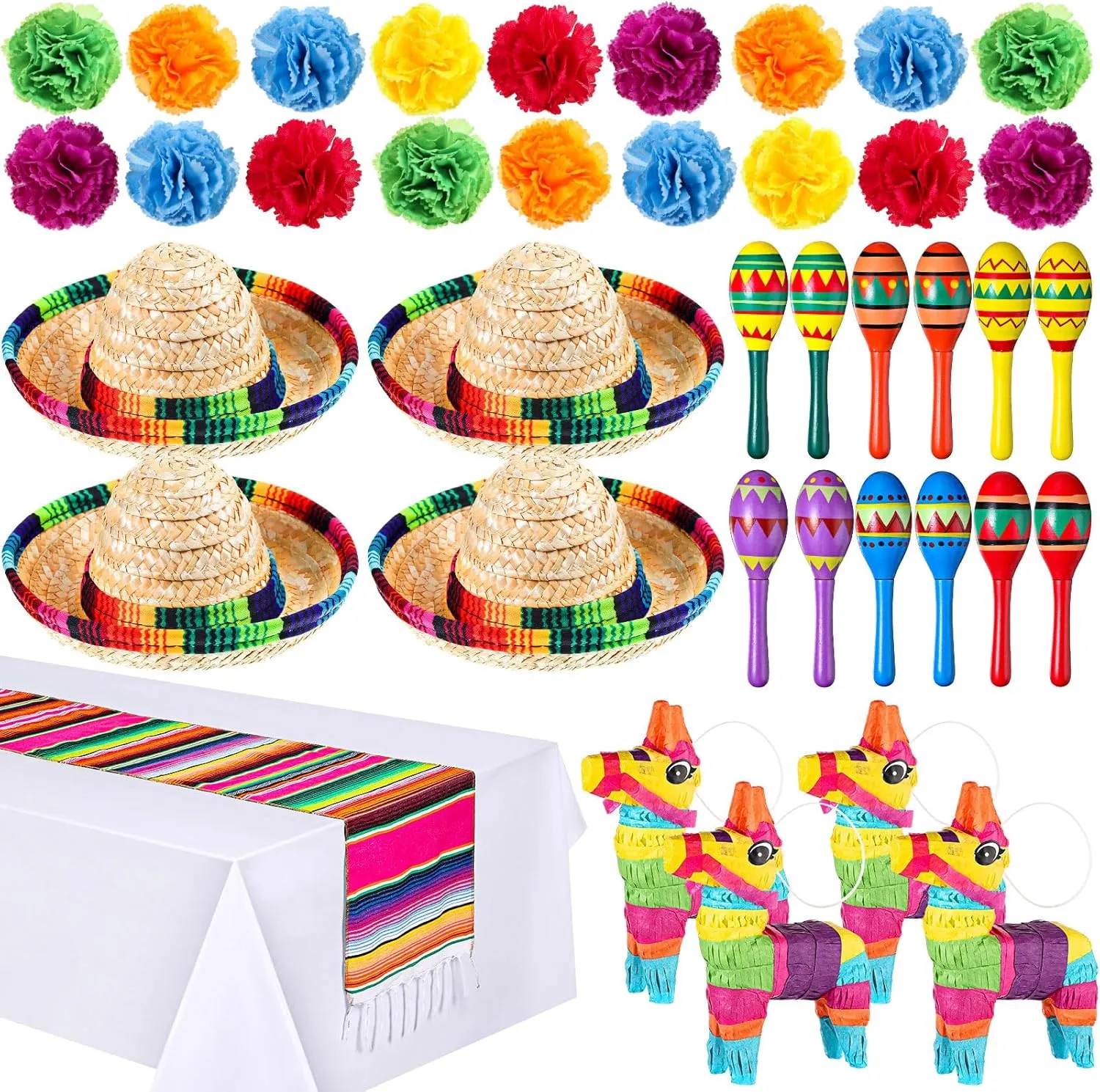 Mini Donkey Pi?ata Mini Sombrero Marigold afoul attach diffusion Flower Sratte 94 Pcs Fiesta Decoration Colorful Wooden Fiesta Maracas Table Runner 