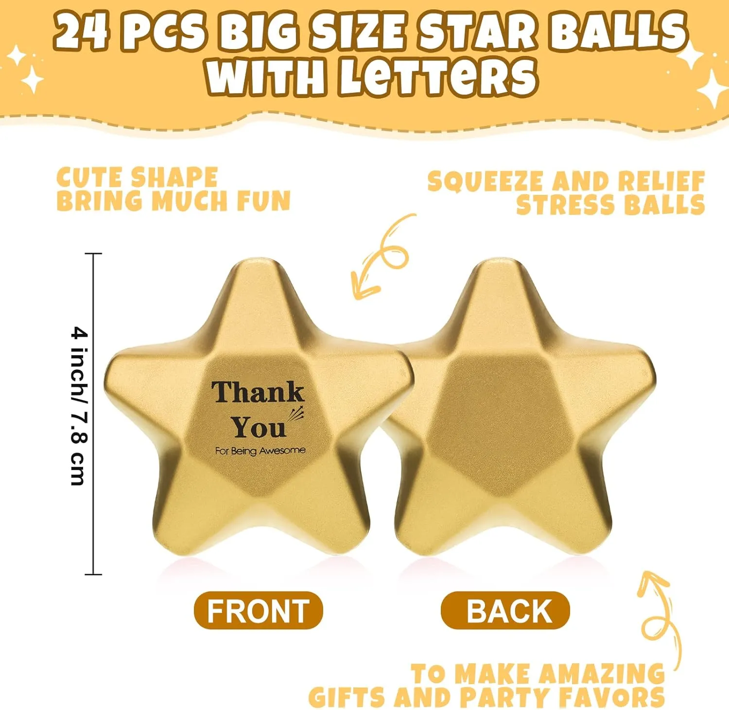 Mini Foam Ball Star Stress Toys Bulk Stress Relief Gifts for Coworkers Adult Goodie Bag Stuffers Teen Party Favors School Office diet rhyme Award(Thank) Deekin 24 Pieces 3.1 Inch Star Stress Balls Gold 