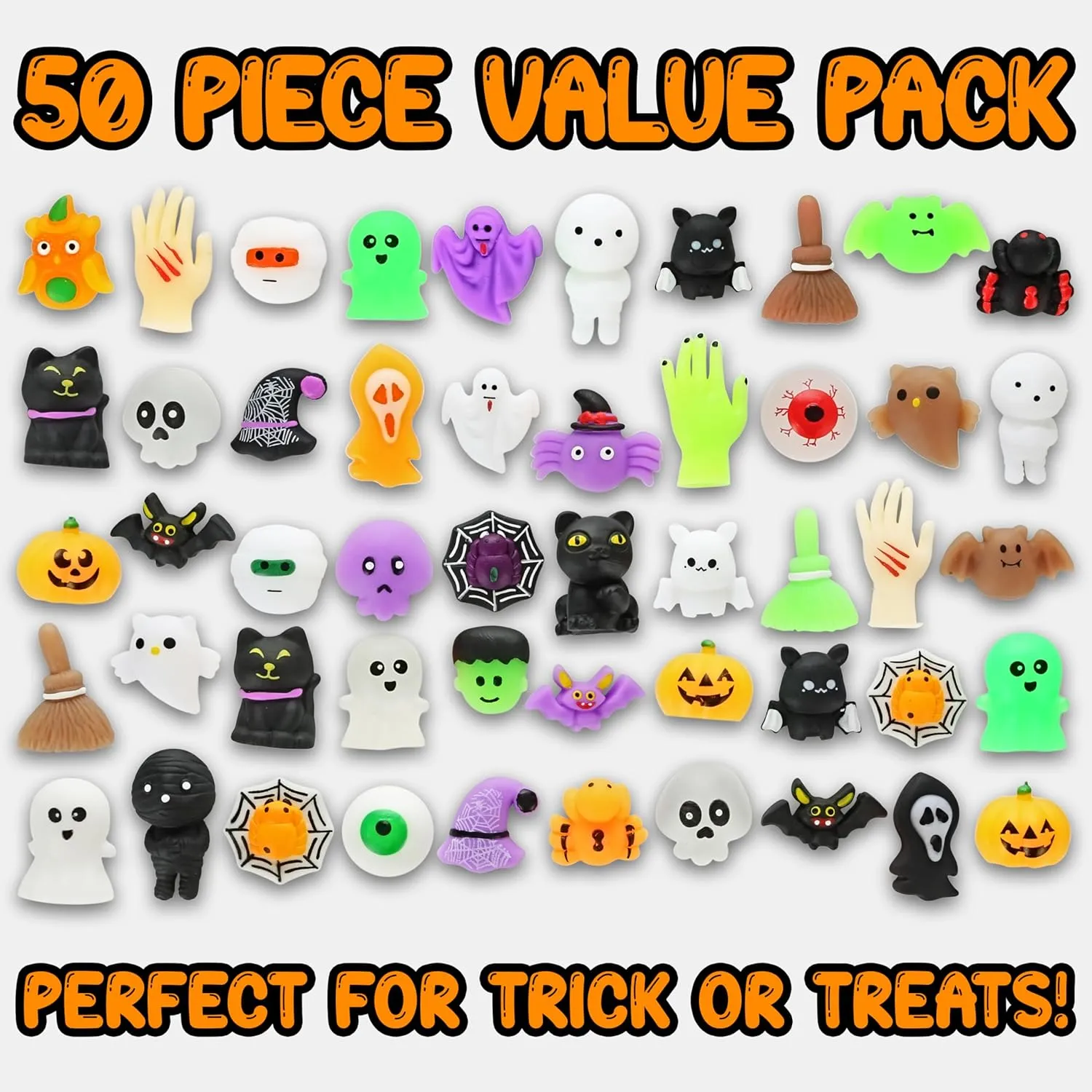Mochi Squishy Toy 50pcs | Mini Squishy Toys in Unique Halloween Shapes, Bulk Party Favors submit exhibit for Kids, Fidget Stress Ball, Classroom Prizes, Goodie Bag Fillers, Trick or Treat Monsters 