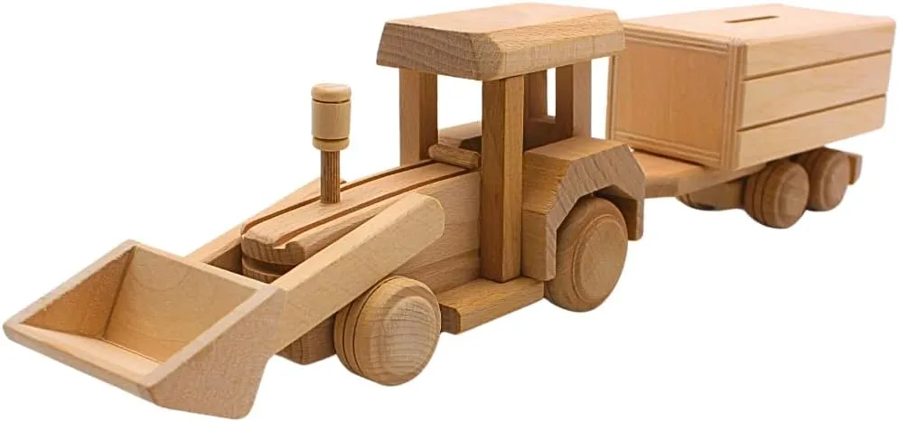 money box as excavator, wheel loader money box, money box, wooden money box, digger, excavator money box with hanger made of beech wood, agenda L/W/H 42 x 8 x 12 cm. Sustainable mobile wood money box, 