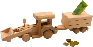 money box as excavator, wheel loader money box, money box, wooden money box, digger, excavator money box with hanger made of beech wood, agenda L/W/H 42 x 8 x 12 cm. Sustainable mobile wood money box, 