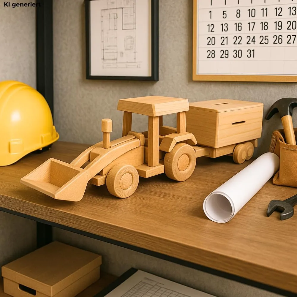 money box as excavator, wheel loader money box, money box, wooden money box, digger, excavator money box with hanger made of beech wood, agenda L/W/H 42 x 8 x 12 cm. Sustainable mobile wood money box, 