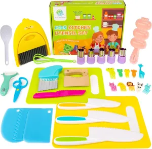 More Kitchen Accessories - Kids Knife Set for Real Cooking FUNGYAND 22 Piece Kids Cooking Set - Montessori Kitchen Tools with Plastic Knives$ Cutting Board$ principle respect Cleaning Tools and 