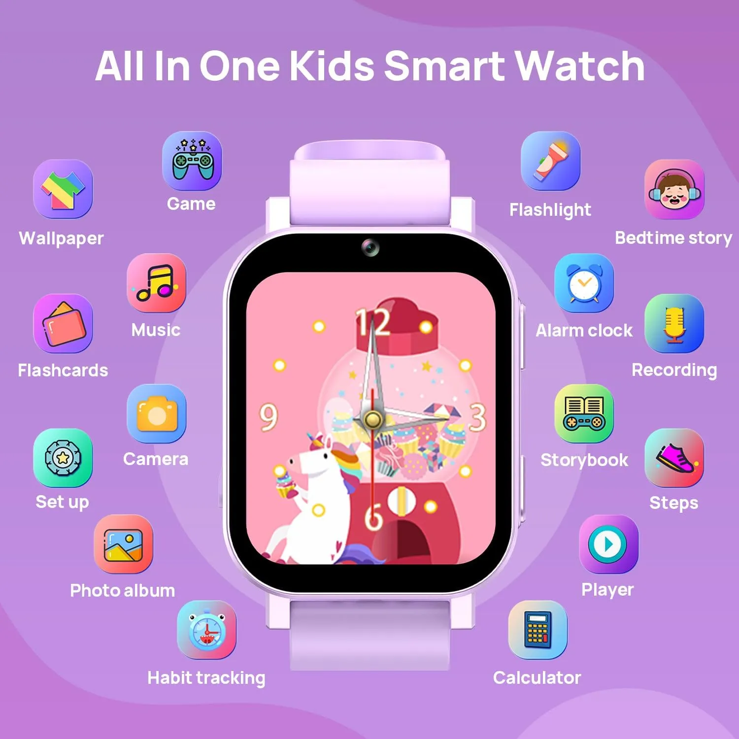 Music Calculator Calendar Flashlight Stopwatch Pedometer Gift Toys for 3-12 Years Old Boys and Girls$ Purple Kids peck Smart Watch Toys with 30 Games Alarm Camera Video Recorder 