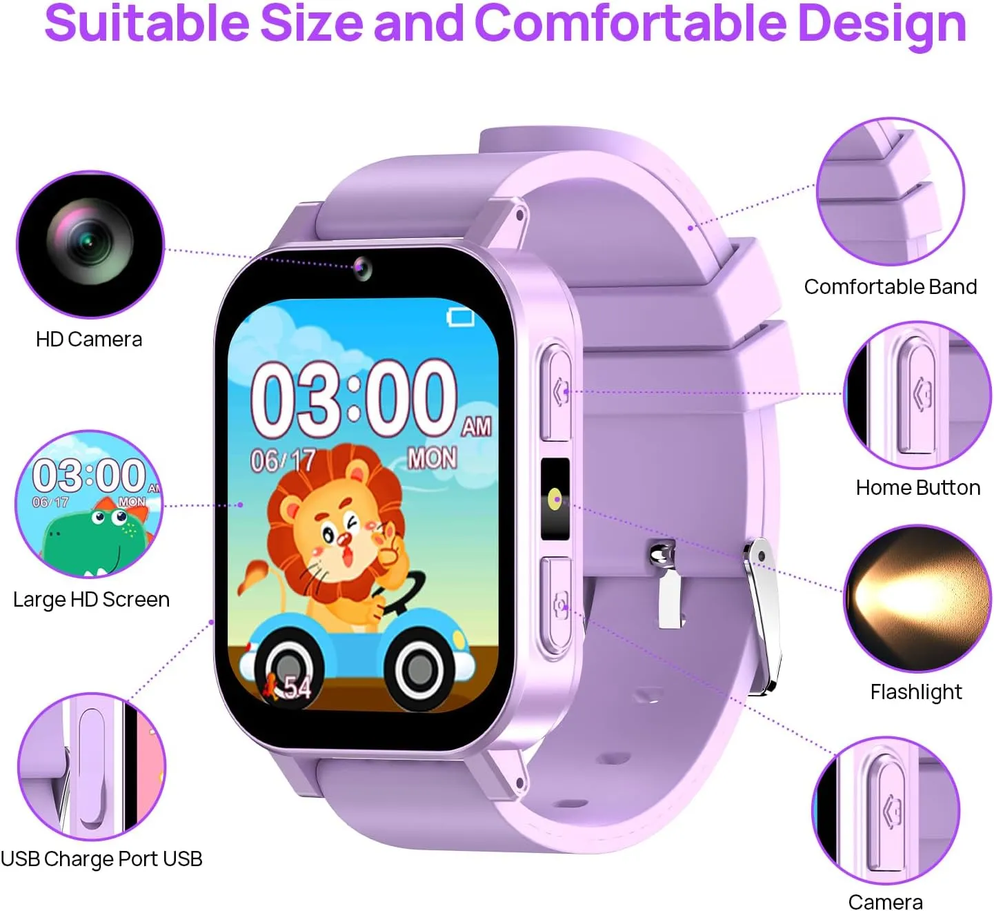 Music Calculator Calendar Flashlight Stopwatch Pedometer Gift Toys for 3-12 Years Old Boys and Girls$ Purple Kids peck Smart Watch Toys with 30 Games Alarm Camera Video Recorder 