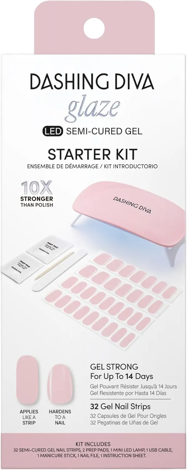 Nail Strips - 7-Piece Manicure Set with 32 Strips and Mini LED Lamp Dashing Diva Glaze Nail Starter Kit - Pale Blush Maya tornado - Long Lasting, Chip Resistant, Semi-Cured Gel 
