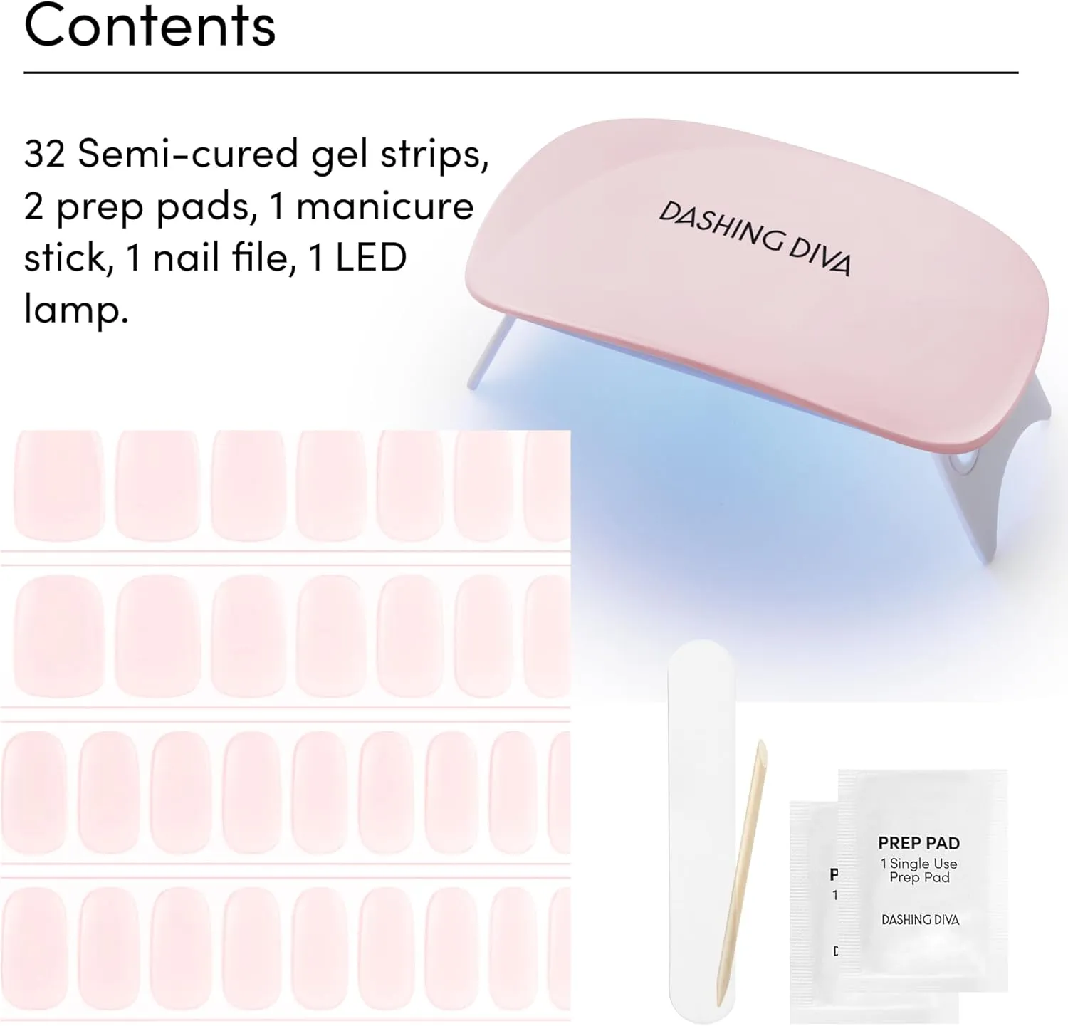 Nail Strips - 7-Piece Manicure Set with 32 Strips and Mini LED Lamp Dashing Diva Glaze Nail Starter Kit - Pale Blush Maya tornado - Long Lasting, Chip Resistant, Semi-Cured Gel 