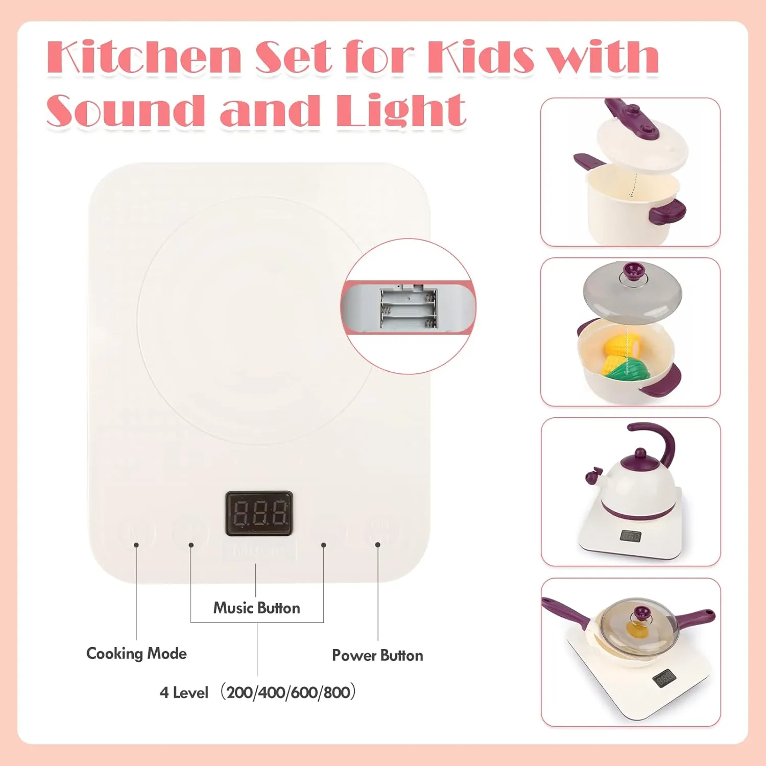 NEW Aomola 61 Piece Kids Kitchen Accessories Set, Pretend Role Play Toys with Play Pots and Pans, Cutting Food Kitchen Playset, Play Food Kitchen Sets Educational Gift Toy for Kid Girl Boy Toddler Age 3  (White)