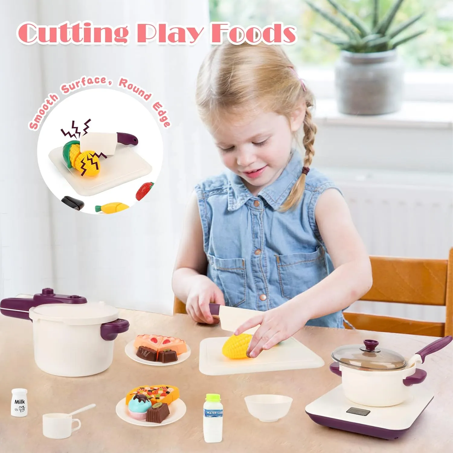 NEW Aomola 61 Piece Kids Kitchen Accessories Set, Pretend Role Play Toys with Play Pots and Pans, Cutting Food Kitchen Playset, Play Food Kitchen Sets Educational Gift Toy for Kid Girl Boy Toddler Age 3  (White)