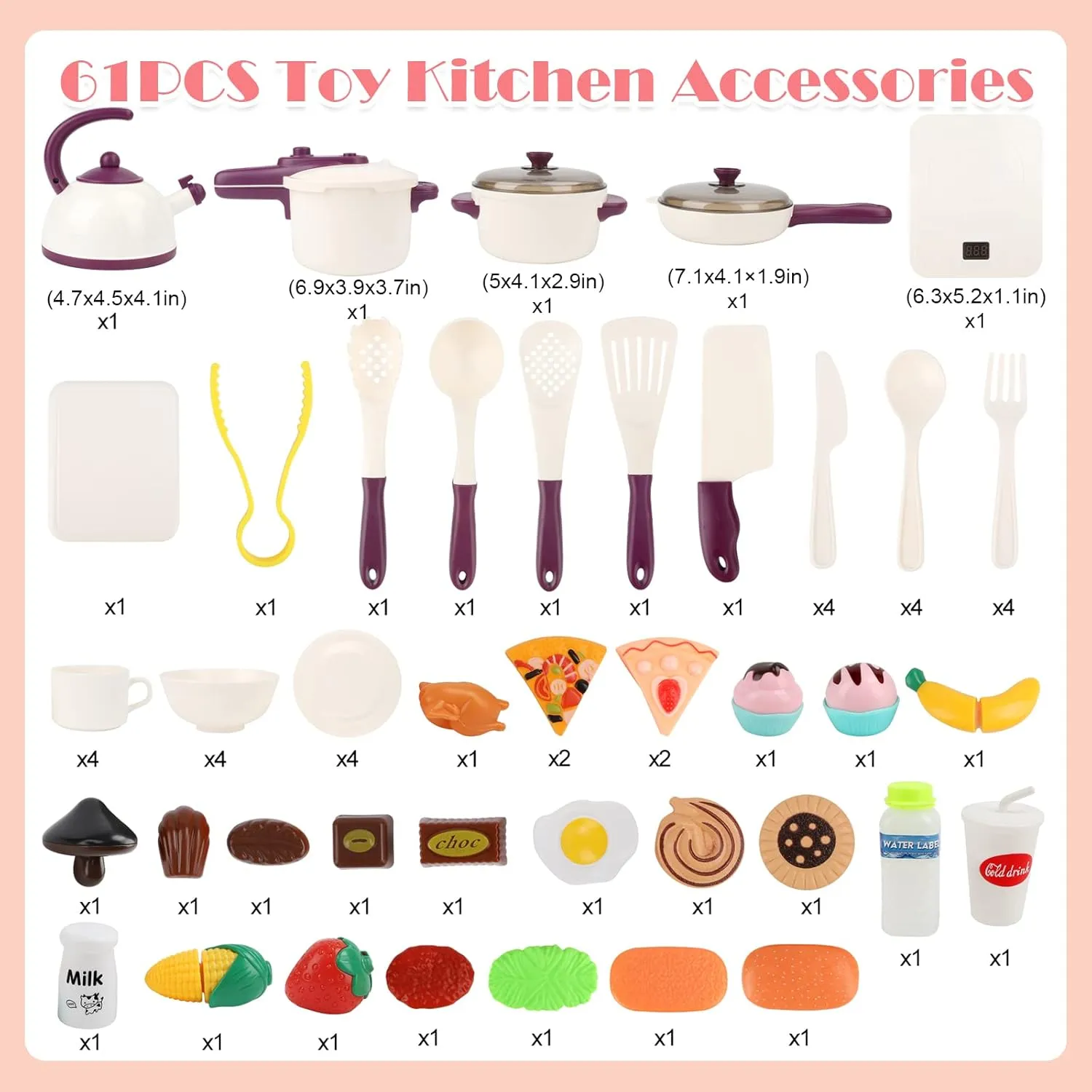 NEW Aomola 61 Piece Kids Kitchen Accessories Set, Pretend Role Play Toys with Play Pots and Pans, Cutting Food Kitchen Playset, Play Food Kitchen Sets Educational Gift Toy for Kid Girl Boy Toddler Age 3  (White)