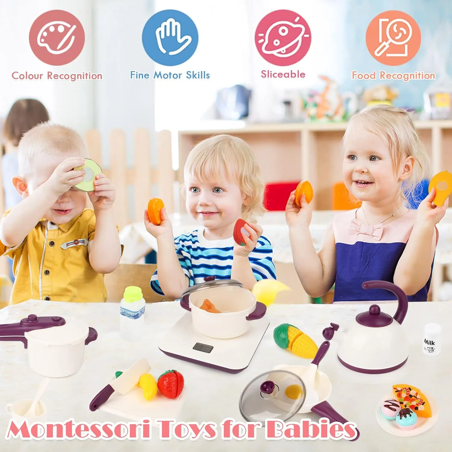 NEW Aomola 61 Piece Kids Kitchen Accessories Set, Pretend Role Play Toys with Play Pots and Pans, Cutting Food Kitchen Playset, Play Food Kitchen Sets Educational Gift Toy for Kid Girl Boy Toddler Age 3  (White)