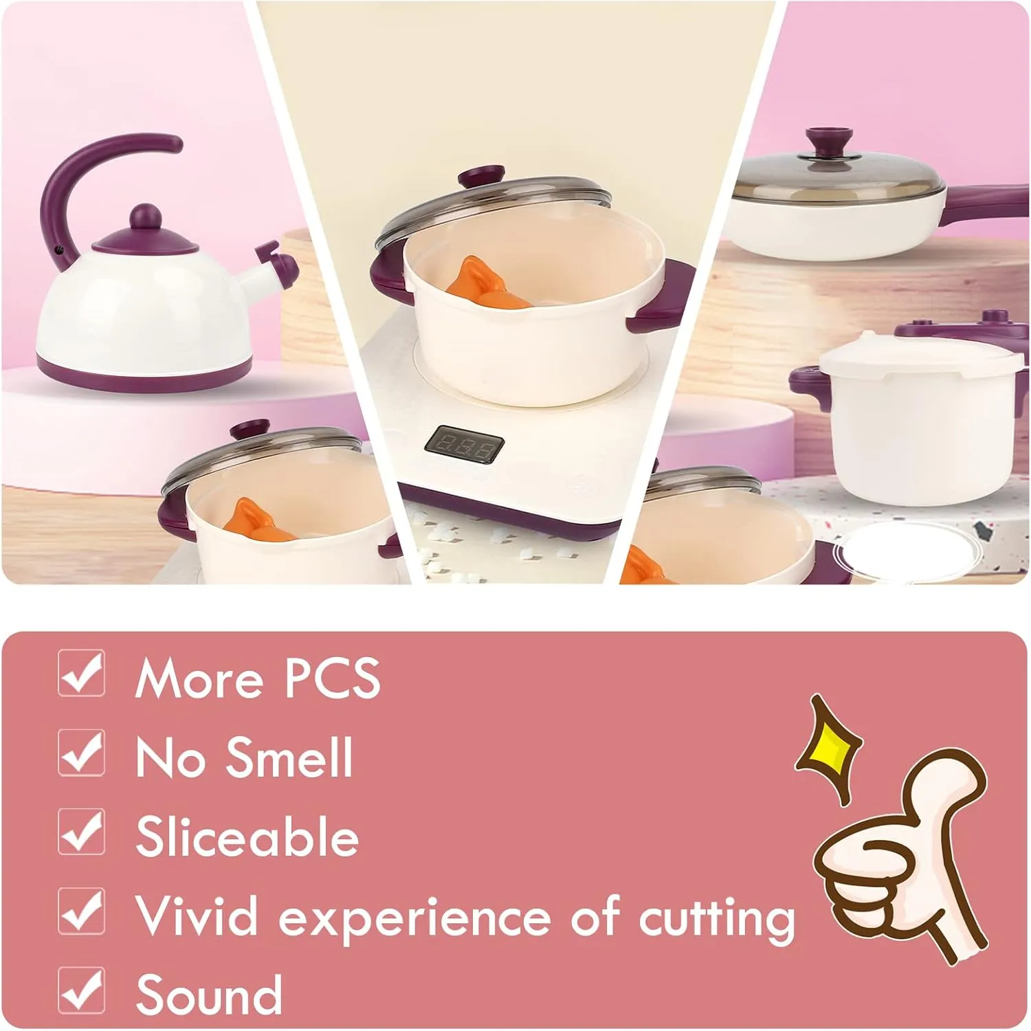 NEW Aomola 61 Piece Kids Kitchen Accessories Set, Pretend Role Play Toys with Play Pots and Pans, Cutting Food Kitchen Playset, Play Food Kitchen Sets Educational Gift Toy for Kid Girl Boy Toddler Age 3  (White)