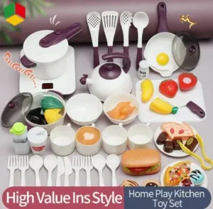NEW Aomola 61 Piece Kids Kitchen Accessories Set, Pretend Role Play Toys with Play Pots and Pans, Cutting Food Kitchen Playset, Play Food Kitchen Sets Educational Gift Toy for Kid Girl Boy Toddler Age 3  (White)