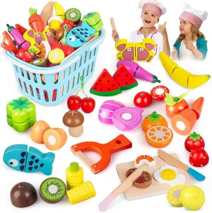 NIB! Beebeerun Wooden Cutting Cooking Food Playset,Kitchen Play Food Toys for Pretend Play Role-Play, Early Development Learning Toys with Carry Basket