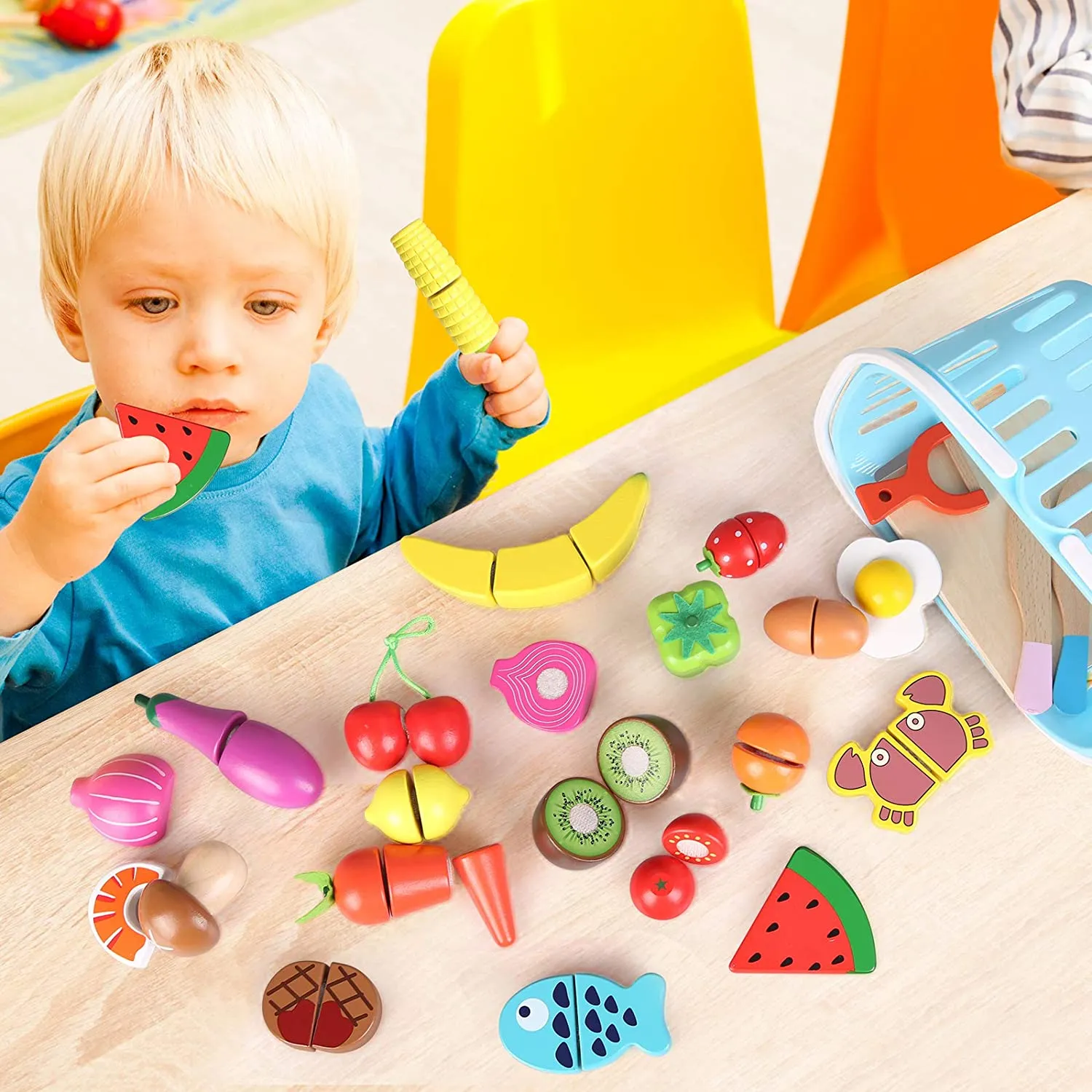 NIB! Beebeerun Wooden Cutting Cooking Food Playset,Kitchen Play Food Toys for Pretend Play Role-Play, Early Development Learning Toys with Carry Basket