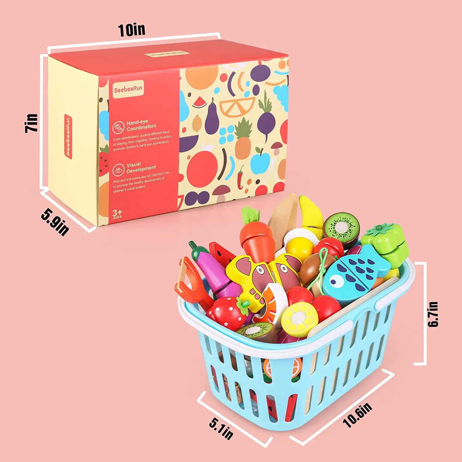NIB! Beebeerun Wooden Cutting Cooking Food Playset,Kitchen Play Food Toys for Pretend Play Role-Play, Early Development Learning Toys with Carry Basket