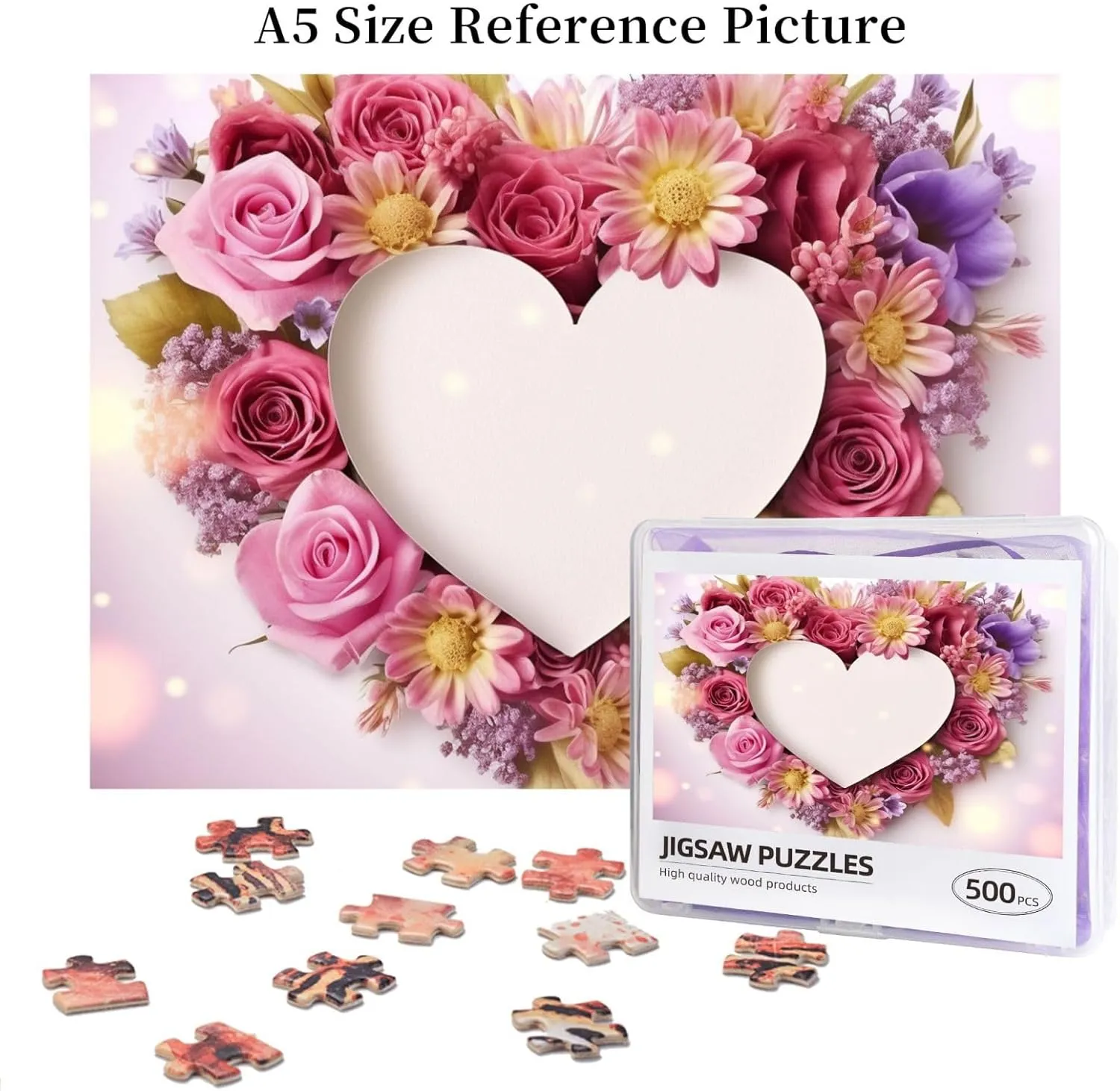 Nights Wooden Puzzle Personalized Custom Wood-Puzzles for Family Card Heart Shape Flowers Picture Puzzles Finished Size 20.4"x15 500 Piece Jigsaw rosy anxiously damp sustain Puzzle for Adults Challenging Puzzle for Game 