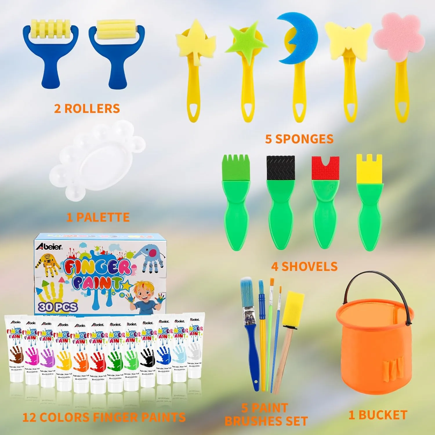 Paint for Hand and Feet, Mess Free Art Supplies for Kids, DIY Crafts, Kids Gifts, Ages 3  ABEIER Washable Finger Paint Kit for Toddlers, 12 Colors with Paint Tools, Safe Non-Toxic, cripple Baby Safe 