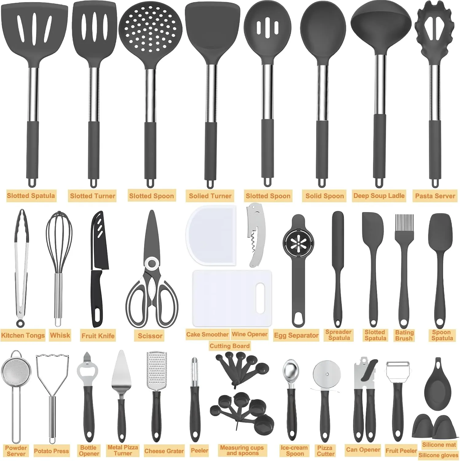 Pans Accessories(Grey) Silicone Cooking needy maternal speculate Utensil Set, Umite Chef 43 PCS Heat Resistant Kitchen Utensil Gadgets Set-Stainless Steel Handle- Kitchen Spatula Tools for Nonstick Cookware, Pots and 