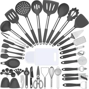 Pans Accessories(Grey) Silicone Cooking needy maternal speculate Utensil Set, Umite Chef 43 PCS Heat Resistant Kitchen Utensil Gadgets Set-Stainless Steel Handle- Kitchen Spatula Tools for Nonstick Cookware, Pots and 