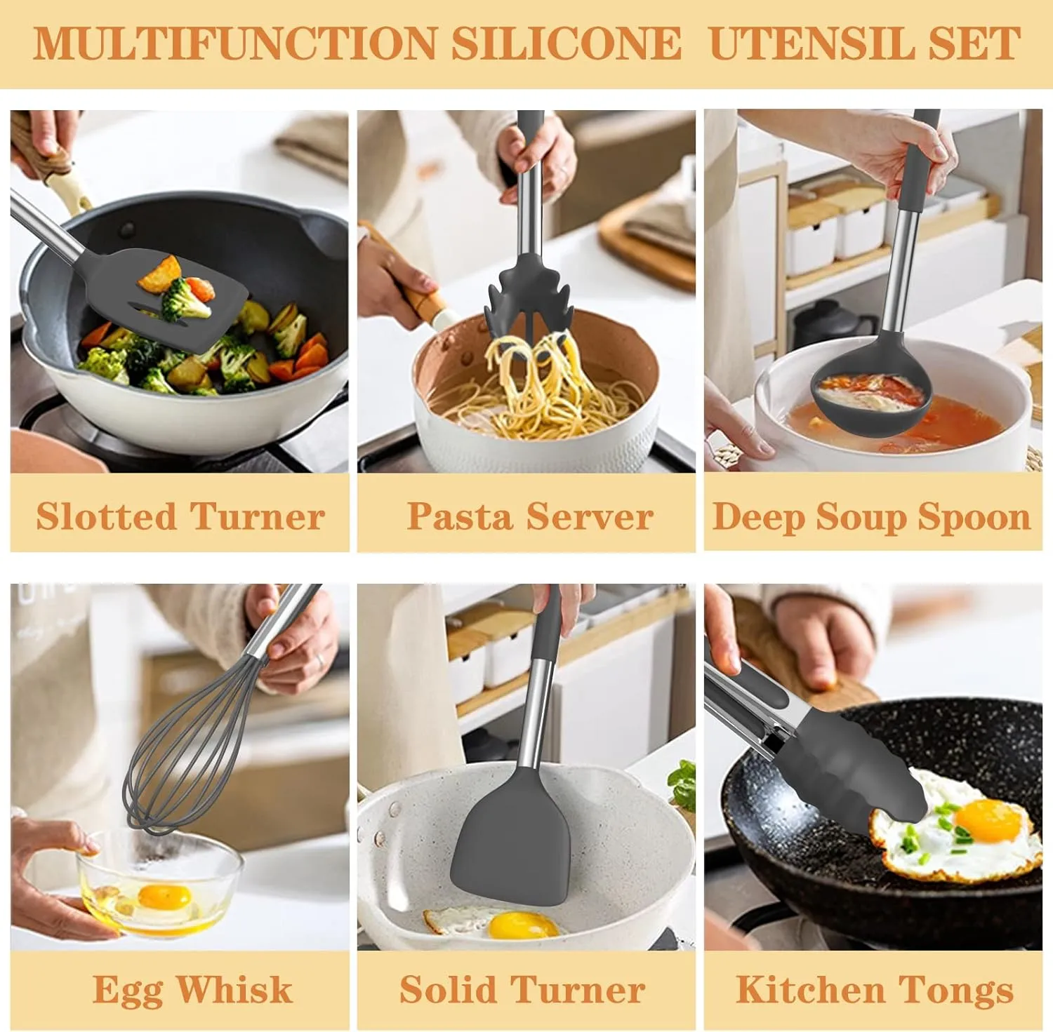 Pans Accessories(Grey) Silicone Cooking needy maternal speculate Utensil Set, Umite Chef 43 PCS Heat Resistant Kitchen Utensil Gadgets Set-Stainless Steel Handle- Kitchen Spatula Tools for Nonstick Cookware, Pots and 