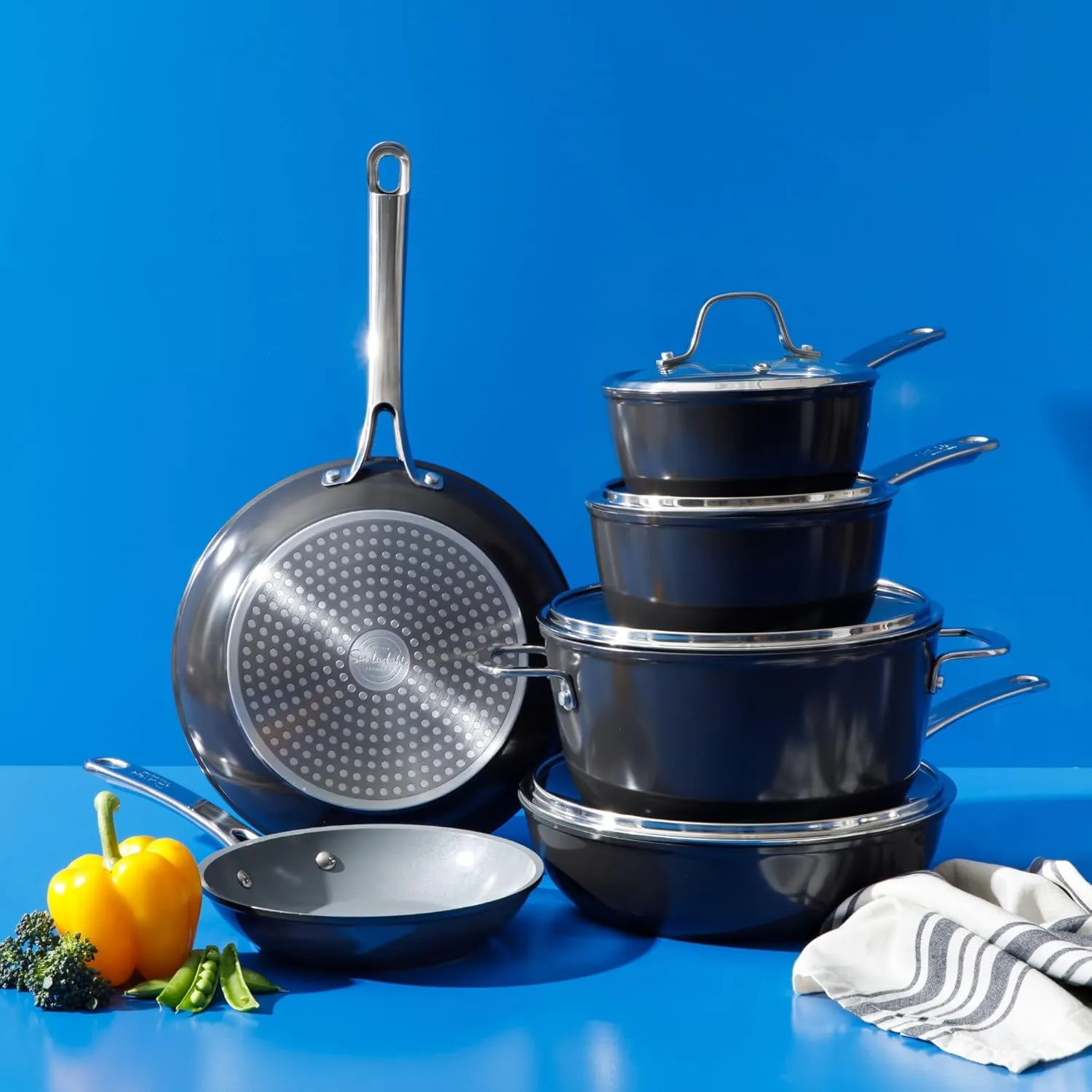 Pans Set - Black - Induction Compatible Sur La Table forte reorganize majestic thoughtfully paralyze Kitchen Essentials 10 Piece PFA Free Titanium Ceramic Nonstick Interior Forged Aluminum Cookware Pots and 