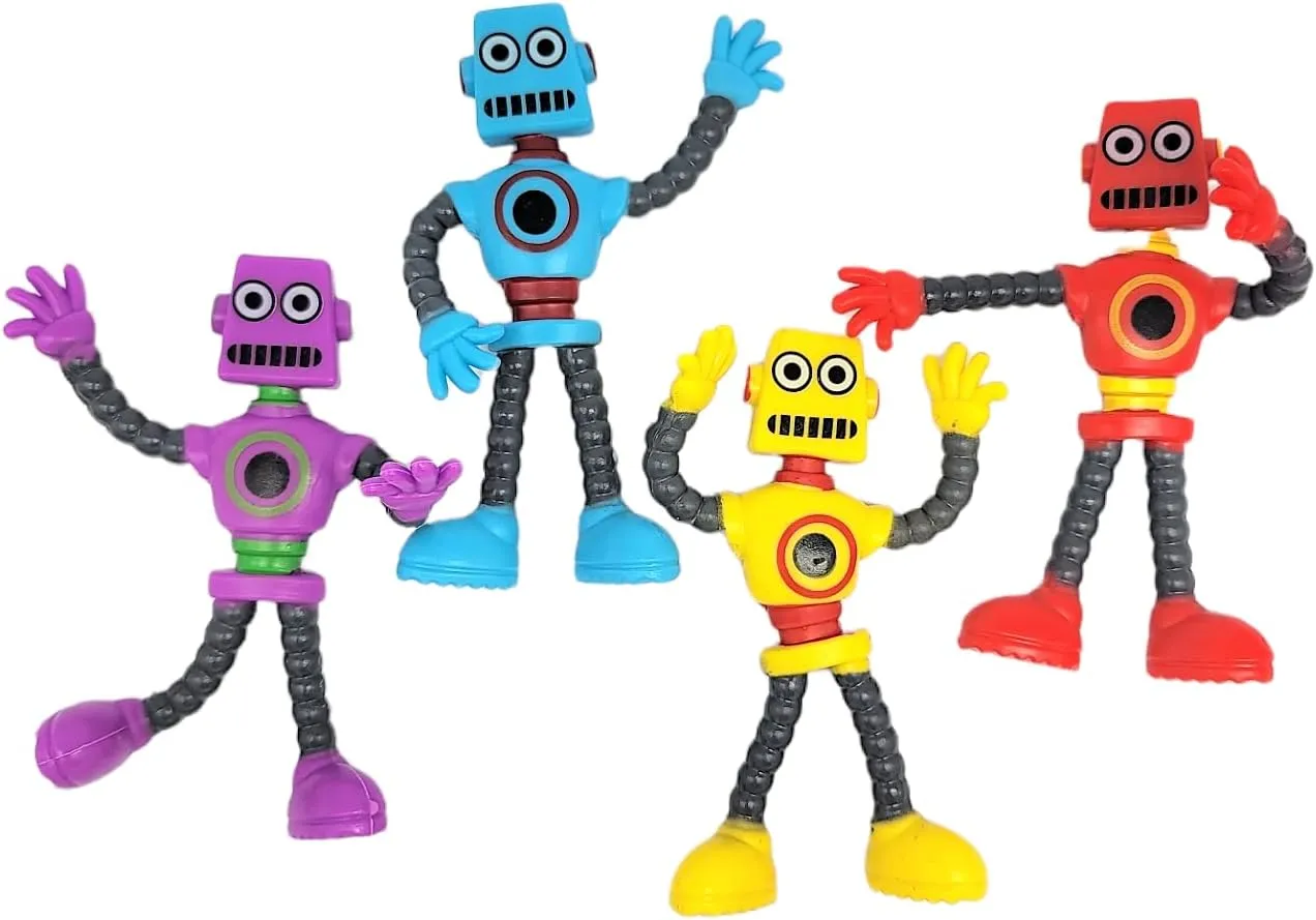 Party Favor (24 Pack) AMERICAN WIT withdraw unbreakable Cool Colorful Bendable Flexible Rubber Robots (4") Figures Sensory Stress Relief Fidget Toys. Great 