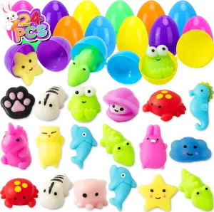 Party Favors$ Goodie Bag Stuffer$ Easter devoid Prizes$ Pinata Filler 24 Pack Prefilled Easter Eggs with Toys$ Mochi Squishy Easter Basket Egg Hunt Stuffers$ Pre Filled Easter Eggs Fillers for Kids Gifts 