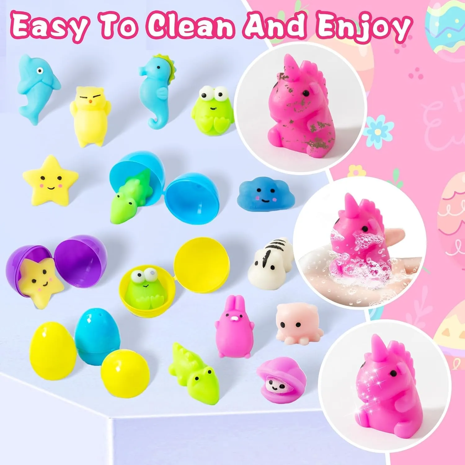 Party Favors$ Goodie Bag Stuffer$ Easter devoid Prizes$ Pinata Filler 24 Pack Prefilled Easter Eggs with Toys$ Mochi Squishy Easter Basket Egg Hunt Stuffers$ Pre Filled Easter Eggs Fillers for Kids Gifts 