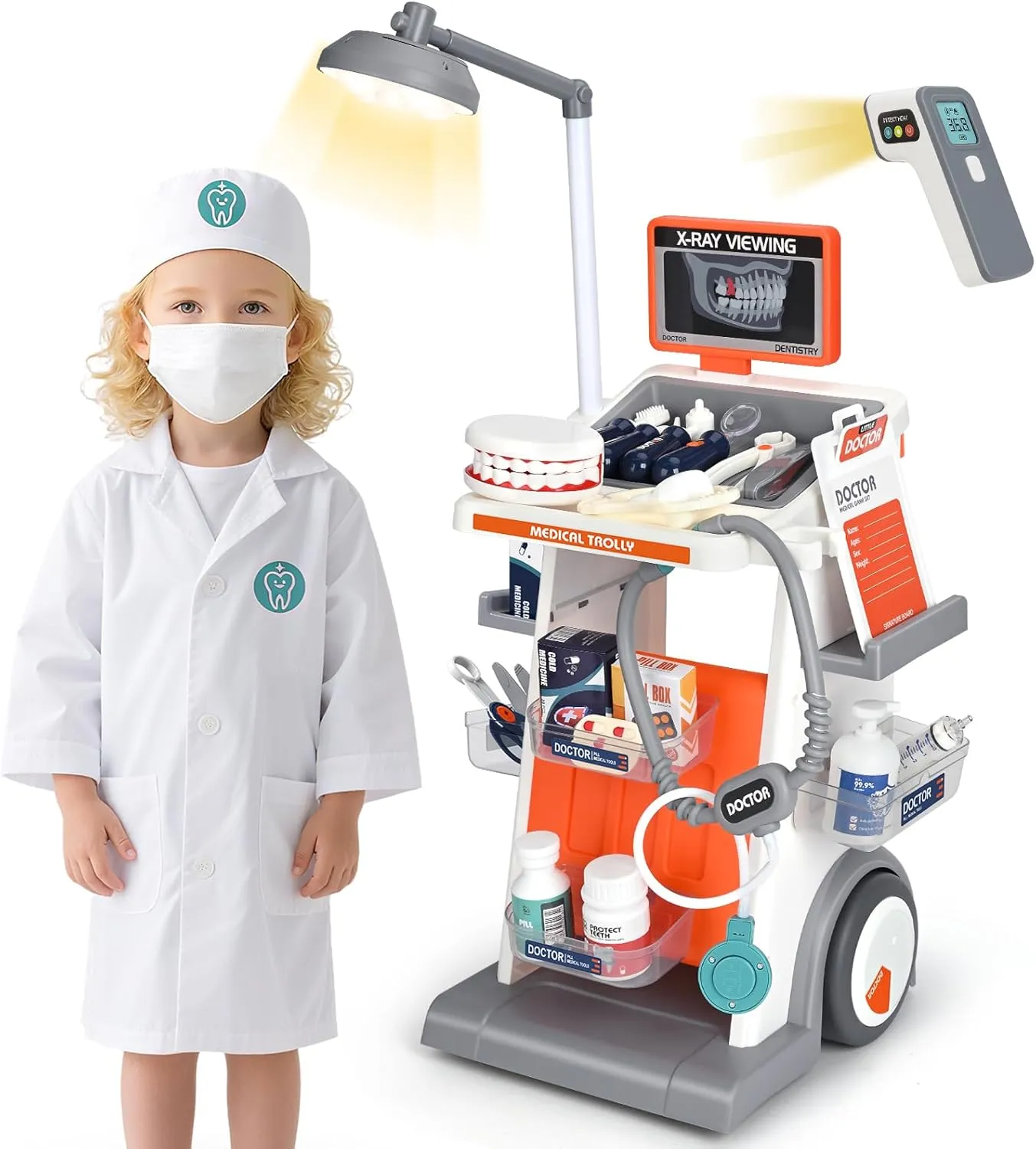 Pcs sincerity Kids Dentist Cart Play Set with Light and Costume - Role Play Medical Toy for 3  Year Old Boys and Girls Christmas Birthday Gifts Dreamon Doctor Kit for Todders 3-5 Pretend Play Toys - 29 