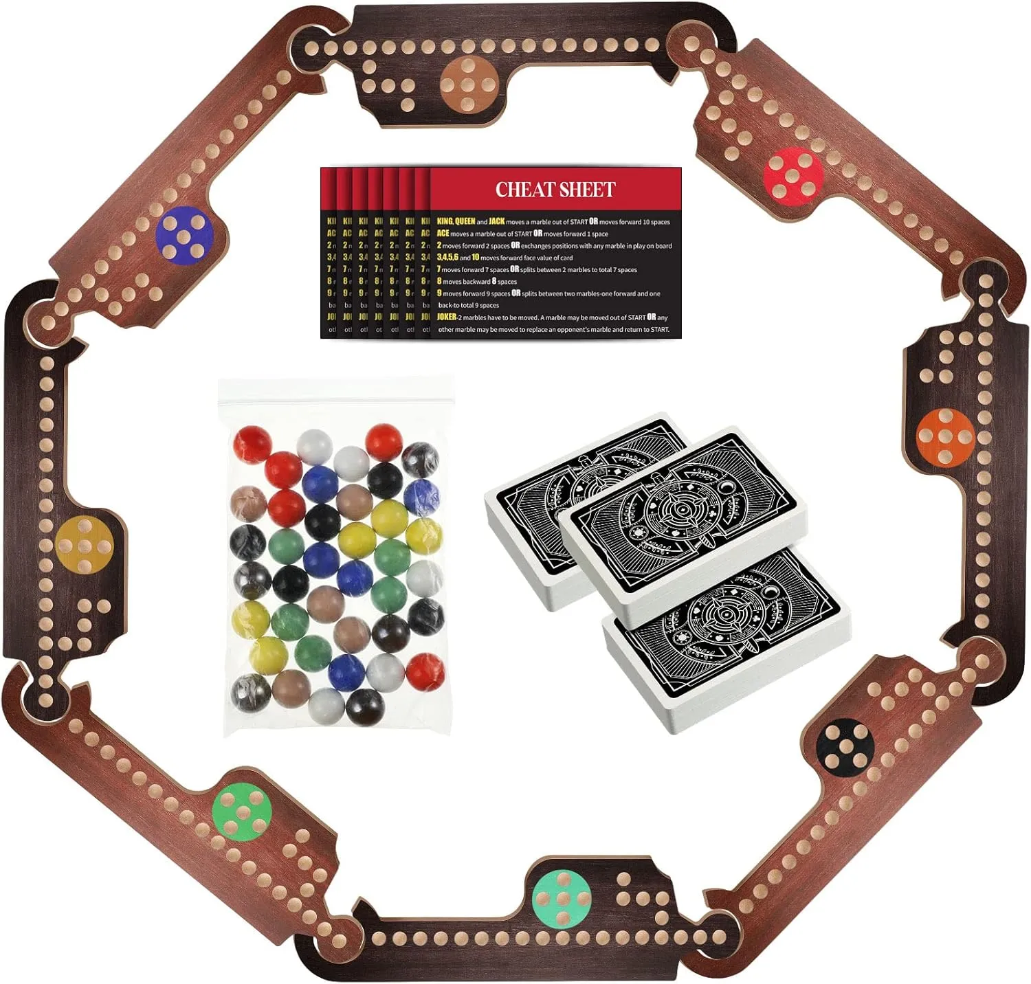 Pegs Card Game Set with 8 Wood Boards 40 Colorful Marbles Pegs cargo fray 3 Boxes Playing Card 8 Game Instructions for Adults Family, 4-8 Players(Retro Colors) Kathfly Jokers and Marbles Board Game 