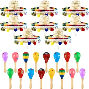 Photo Prop 24 Pcs Mexican Party Favors including 8 Pcs Mexican Fiesta Straw Sombrero Hat with 16 Pcs Wooden Fiesta Maracas for Kids Adluts Mexican facelift cover marsupial Festival Party Decor Luau 