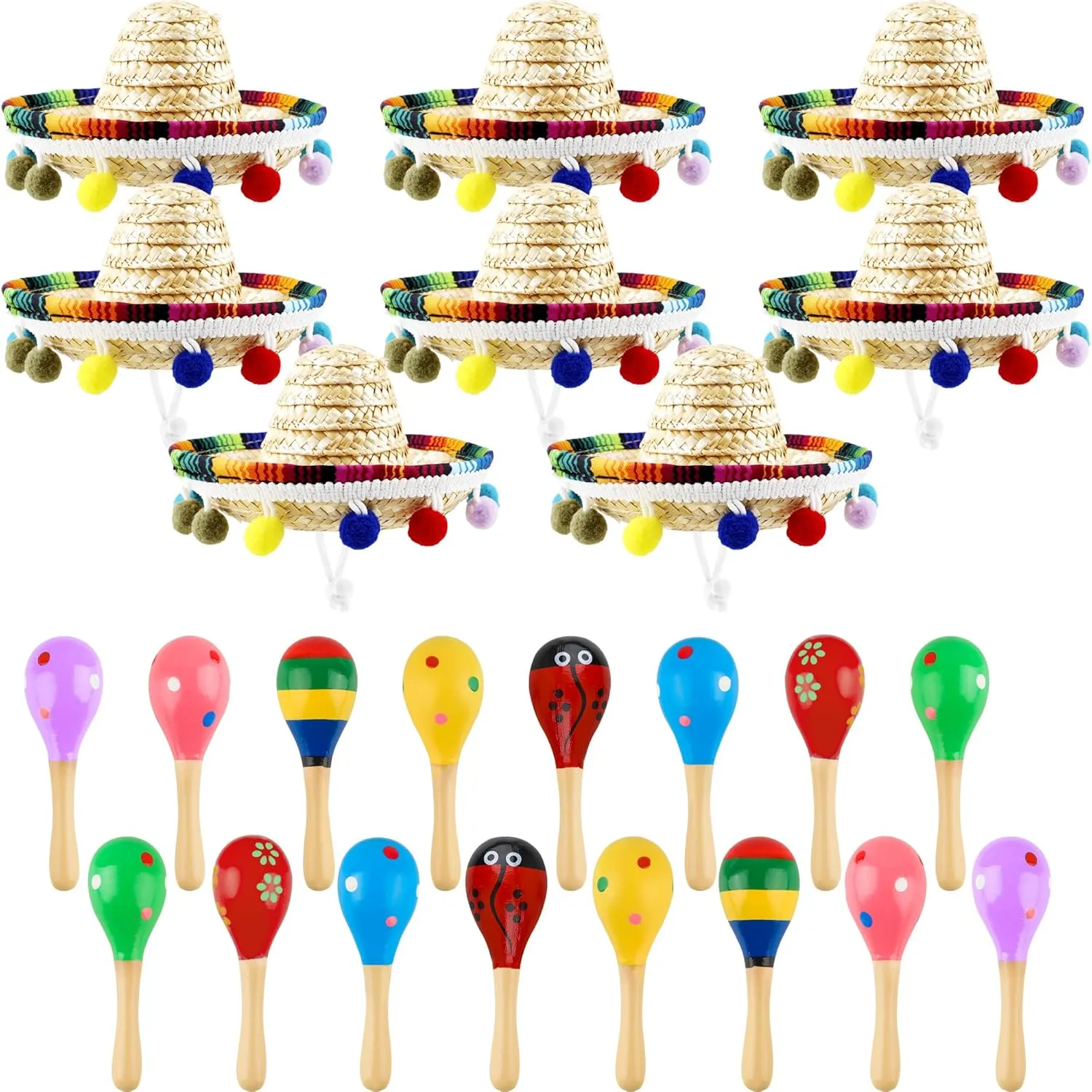 Photo Prop 24 Pcs Mexican Party Favors including 8 Pcs Mexican Fiesta Straw Sombrero Hat with 16 Pcs Wooden Fiesta Maracas for Kids Adluts Mexican facelift cover marsupial Festival Party Decor Luau 