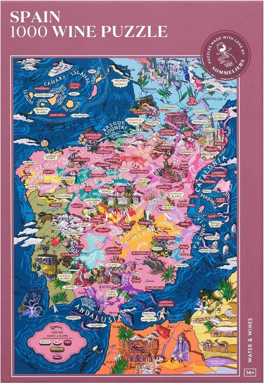Piece Jigsaw Puzzle for Adults - Hand-Drawn, Educational, Unisex, Red, Intermediate, Retro, Geography, Portable, Tabletop WATER & WINES Spain relic Wine Puzzle, 1000 