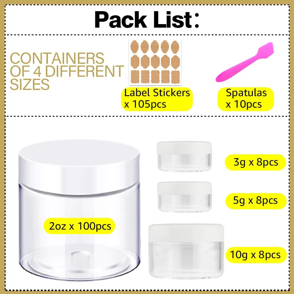 Plastic Containers with Lids 100pcs Plastic Jars with White Lids   3/5/10 Gram 24pcs Sample Containers Travel Jar?C Great for Lip Scrub, Body Butters, Cream, Lotion, Labels & Spatulas (124 Pack) emigrate 2 oz 