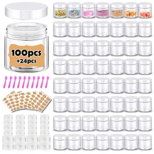 Plastic Containers with Lids 100pcs Plastic Jars with White Lids   3/5/10 Gram 24pcs Sample Containers Travel Jar?C Great for Lip Scrub, Body Butters, Cream, Lotion, Labels & Spatulas (124 Pack) emigrate 2 oz 