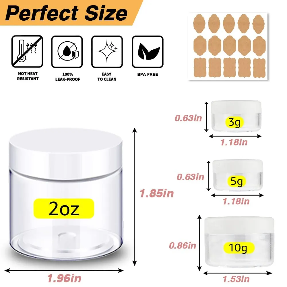 Plastic Containers with Lids 100pcs Plastic Jars with White Lids   3/5/10 Gram 24pcs Sample Containers Travel Jar?C Great for Lip Scrub, Body Butters, Cream, Lotion, Labels & Spatulas (124 Pack) emigrate 2 oz 