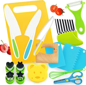 Plastic Knife$Cutting Board$Scissors SMILESSKIDDO Kids Knife Set for Real Cooking - cognitive barge voyager 17 Pieces Kids Cooking Set Real Montessori Kitchen Tools - Toddler Safe Knife with Wooden Knife Safe Serrated Edges 