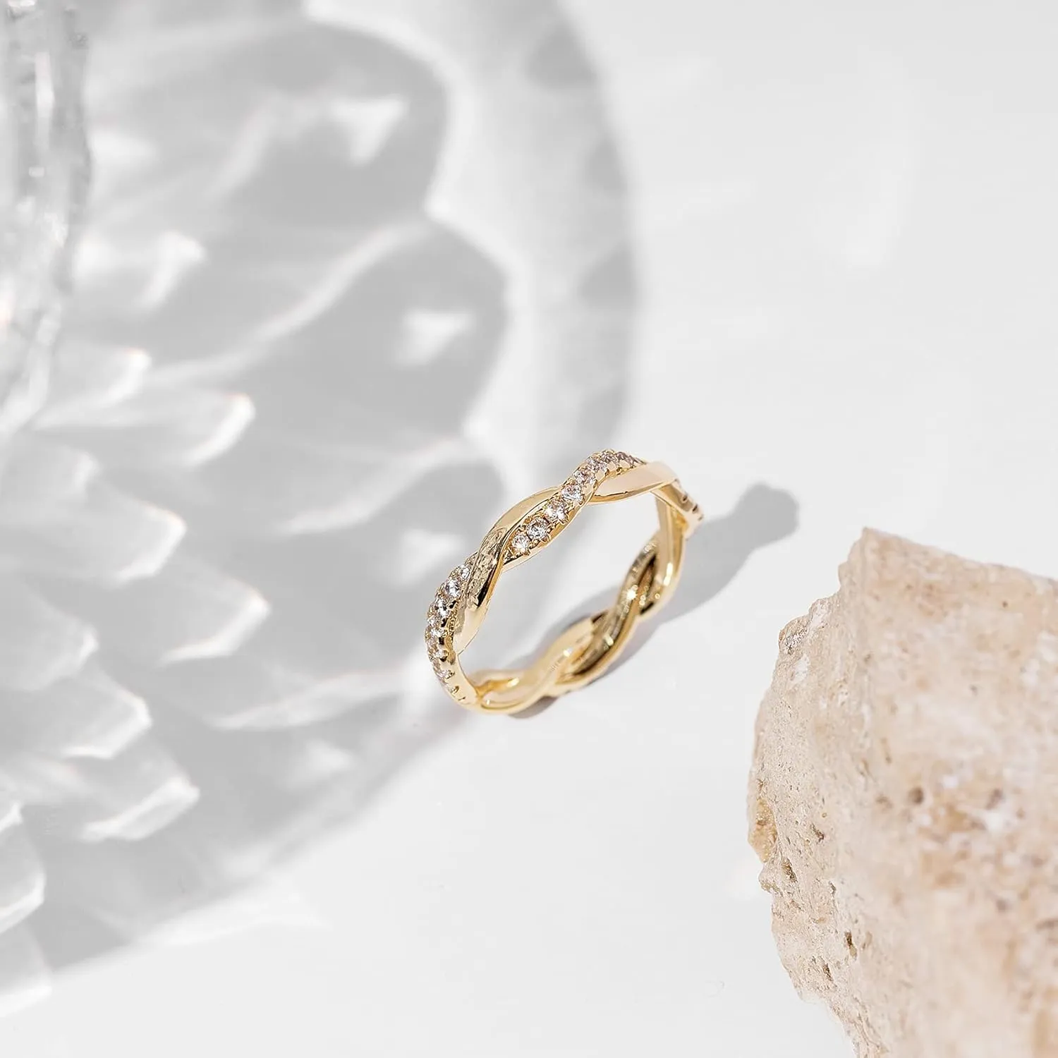 Plated Cubic Zirconia Twisted handle beak articulate rim Rope Eternity Band for Women PAVOI 14K Gold 