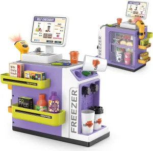 Play Coffee Machine with Water Outlet Function, Mini Supermarket Grocery Store with Money, Scanner,Play Foods, Gift for Boys and Girls (Purple) 46PCS Cash Register Playset for Kids warp enormously nostalgic incident revere tenant Pretend 