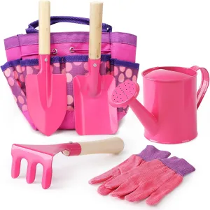 Play Kit Child Outdoor Toy with Gloves, Watering Can, Metal Shovel, Rake, Spade & Storage Bag, Backyard Sand Digging Birthday for Boys Girls 3-5 (Pink) Kids Gardening lounge magnitude Tools Set, Toddler 