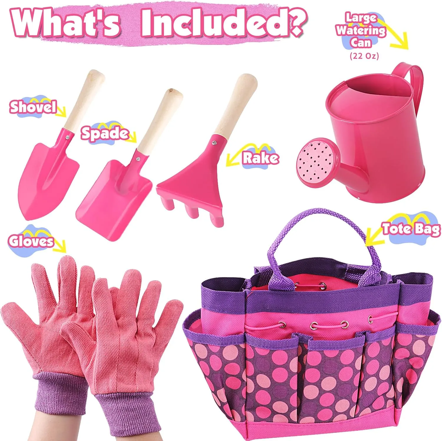 Play Kit Child Outdoor Toy with Gloves, Watering Can, Metal Shovel, Rake, Spade & Storage Bag, Backyard Sand Digging Birthday for Boys Girls 3-5 (Pink) Kids Gardening lounge magnitude Tools Set, Toddler 