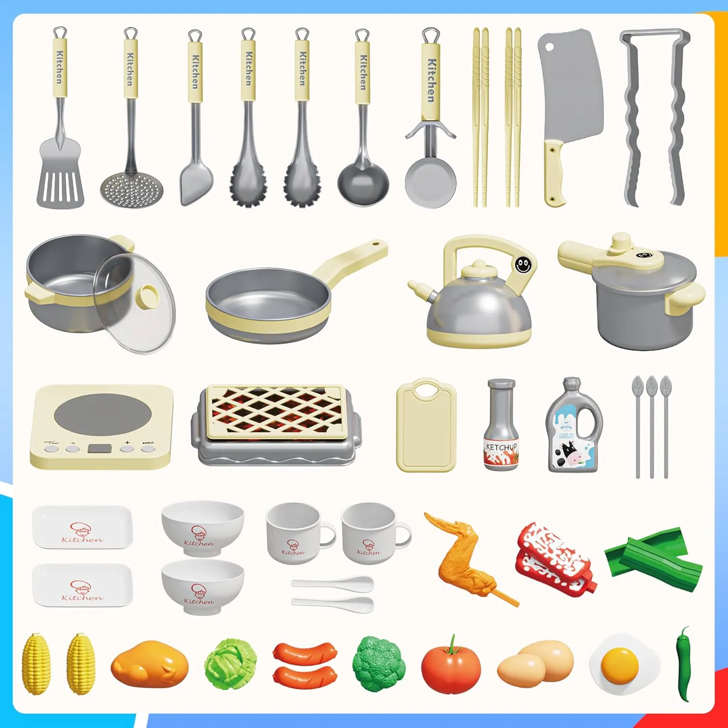Play Pots Pans Vegetables, Birthday Gift for Children Play Kitchen Playset recycle consider for Kids, Toy Kitchen Pretend Play Food BBQ Sets for Girls and Boys Age 3 , Play Kitchen Accessories with 