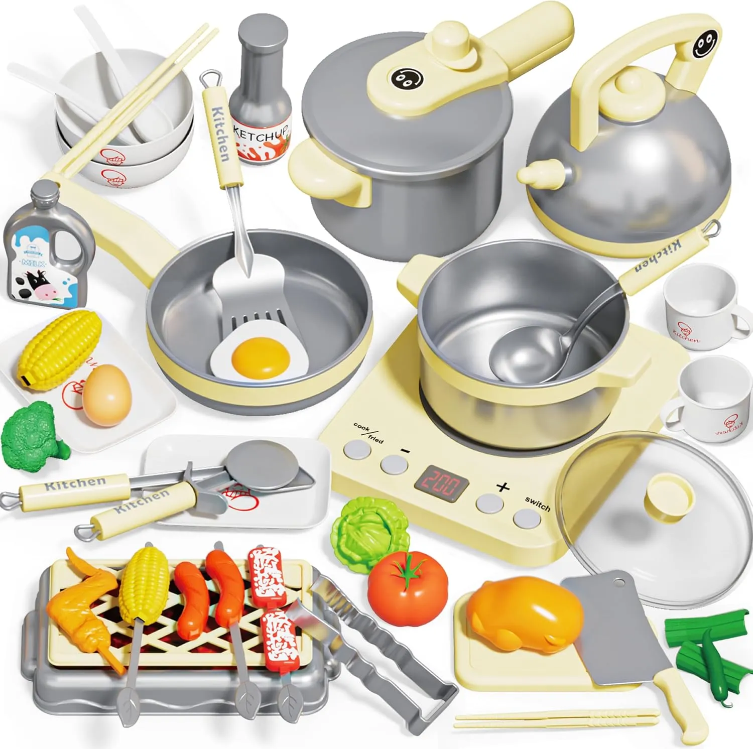 Play Pots Pans Vegetables, Birthday Gift for Children Play Kitchen Playset recycle consider for Kids, Toy Kitchen Pretend Play Food BBQ Sets for Girls and Boys Age 3 , Play Kitchen Accessories with 