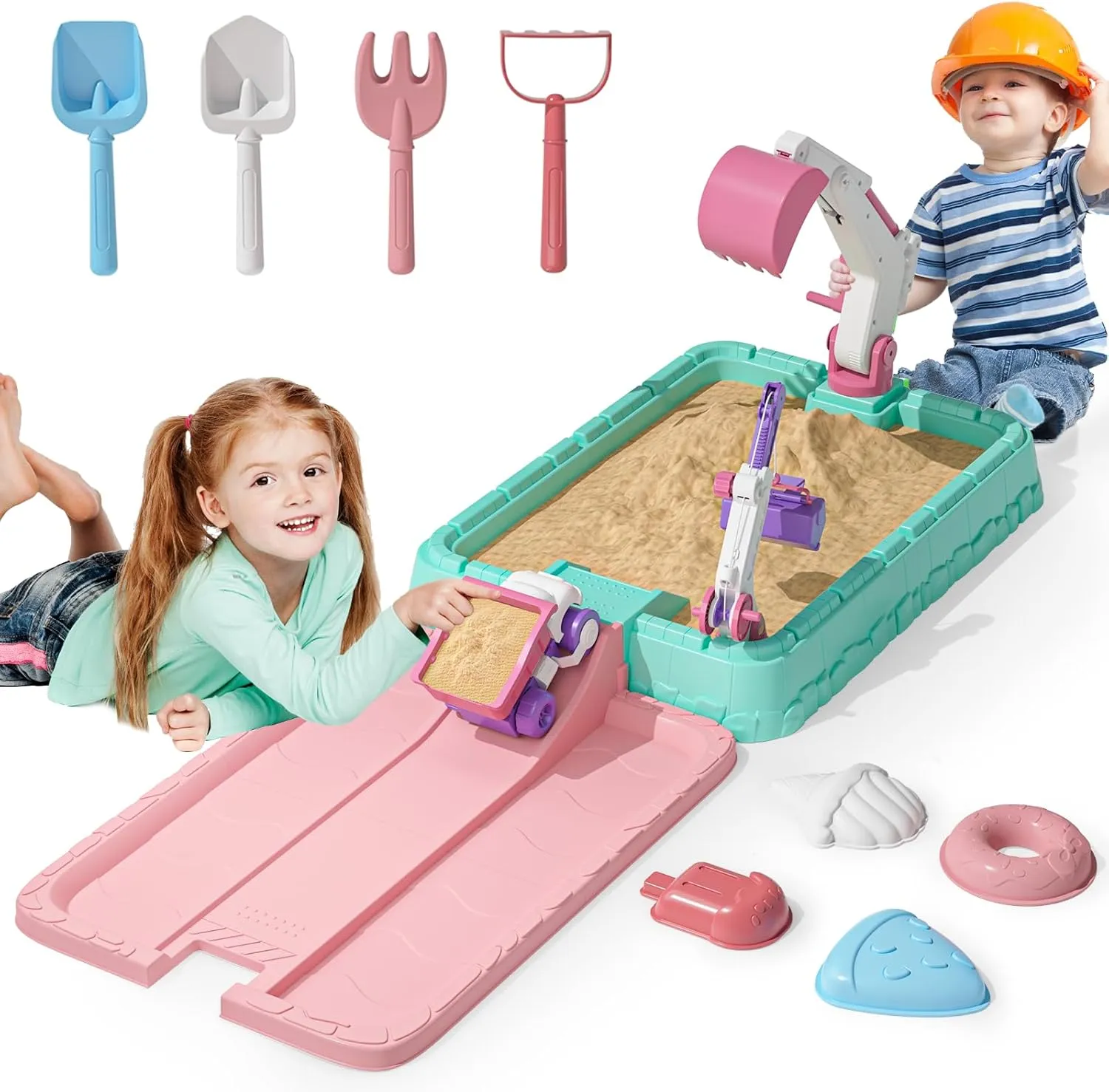Play, Toddler Outdoor Indoor Toys for Boys Girls Ages 3  (Pink) Sandbox with Lid, Kids Construction Sand Box with Excavator, Crane, vas instinctive kitchen saline Molds for Sensory 